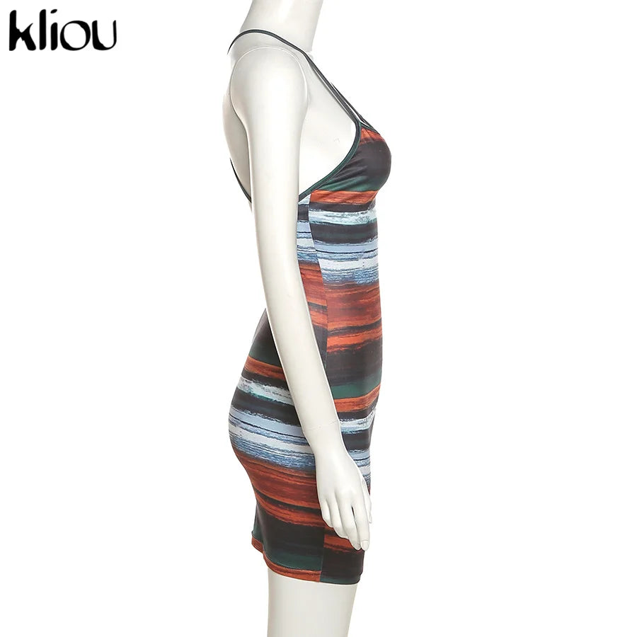 Striped Mini Dresses Aesthetic Sexy Skinny Slash Neck Camisole Backless