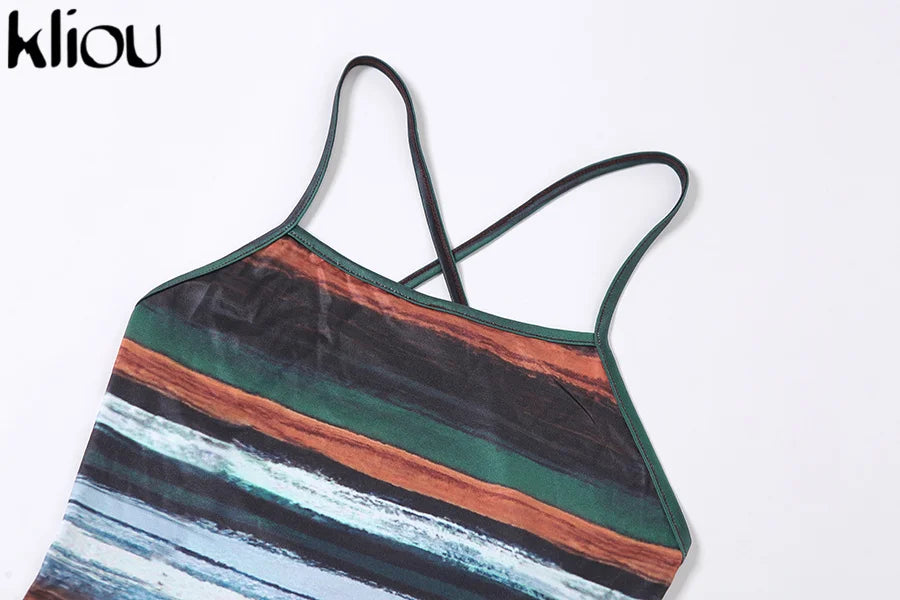 Striped Mini Dresses Aesthetic Sexy Skinny Slash Neck Camisole Backless