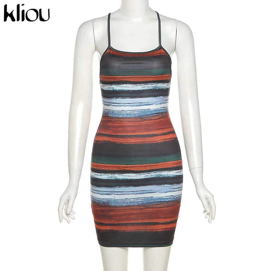 Striped Mini Dresses Aesthetic Sexy Skinny Slash Neck Camisole Backless