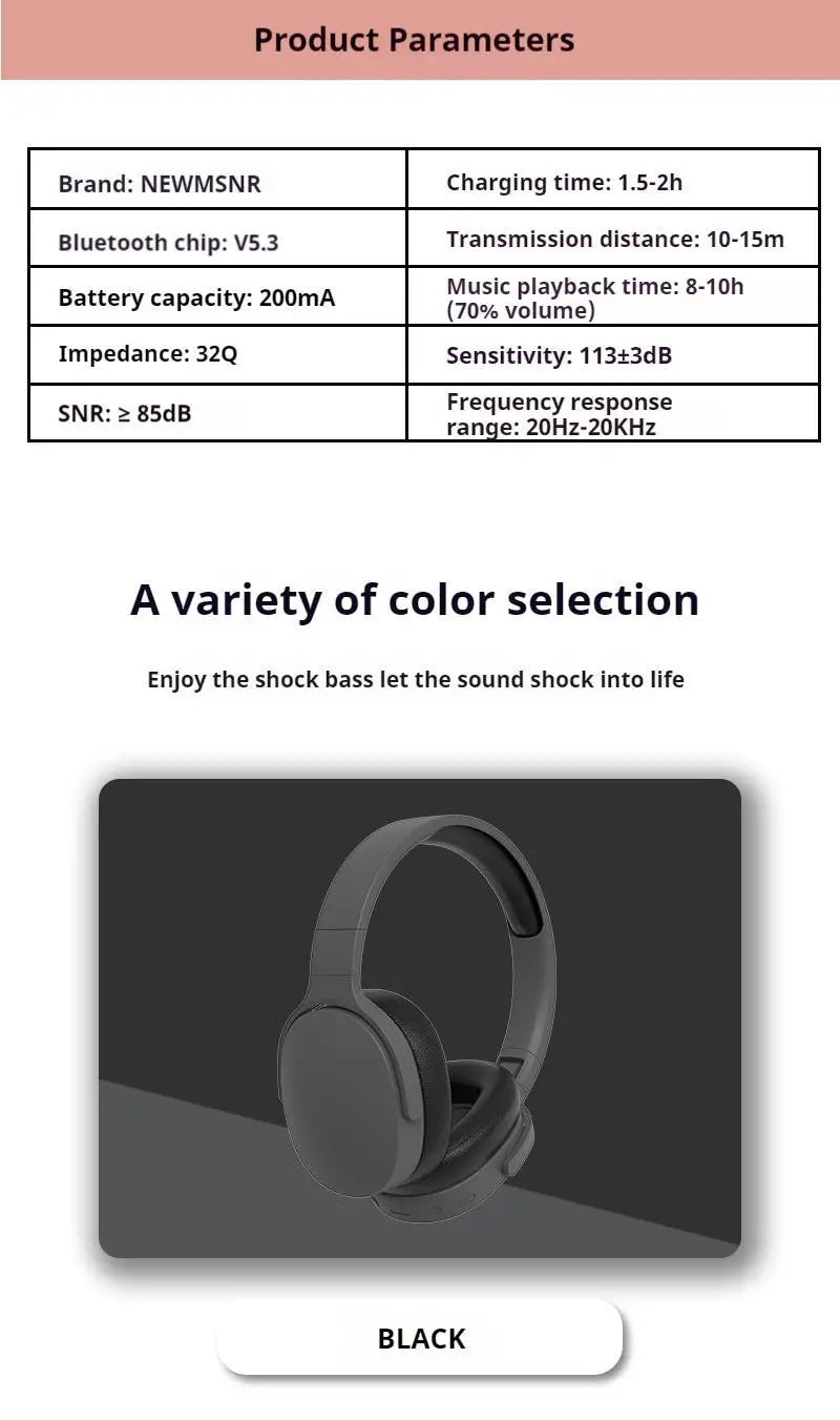 Fashion Wireless Bluetooth Headphones Over Ear HIFI Stereo Headsets