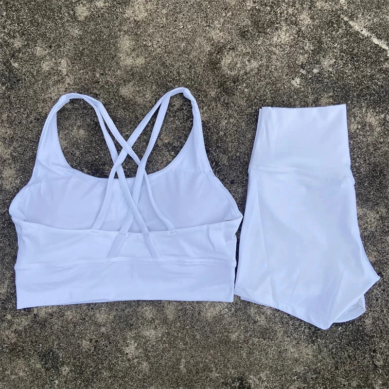 Yoga Set 2 Piece Cross Back Bra Top High Waist Shorts