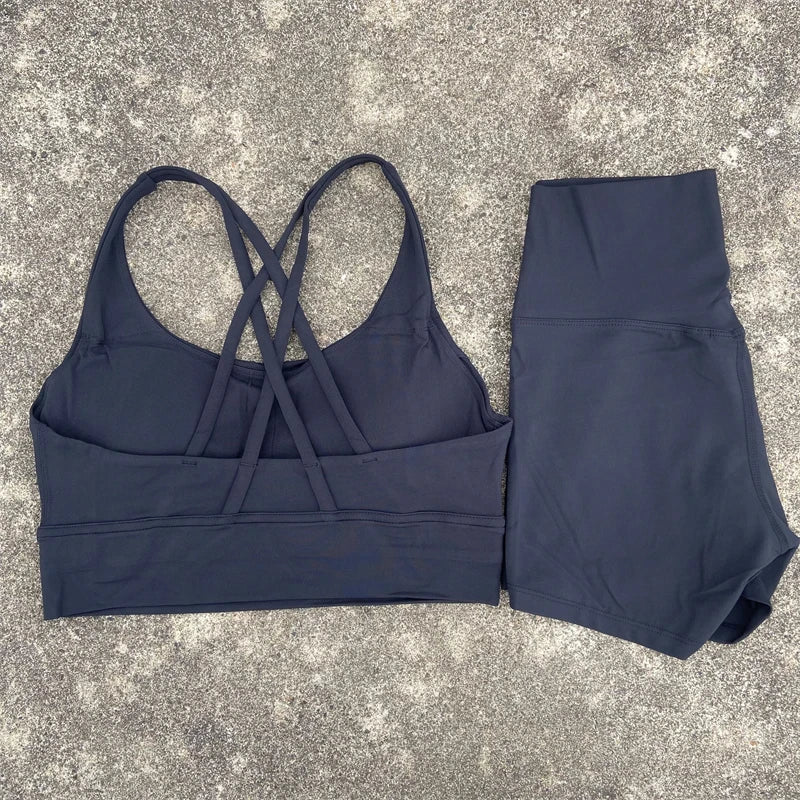 Yoga Set 2 Piece Cross Back Bra Top High Waist Shorts