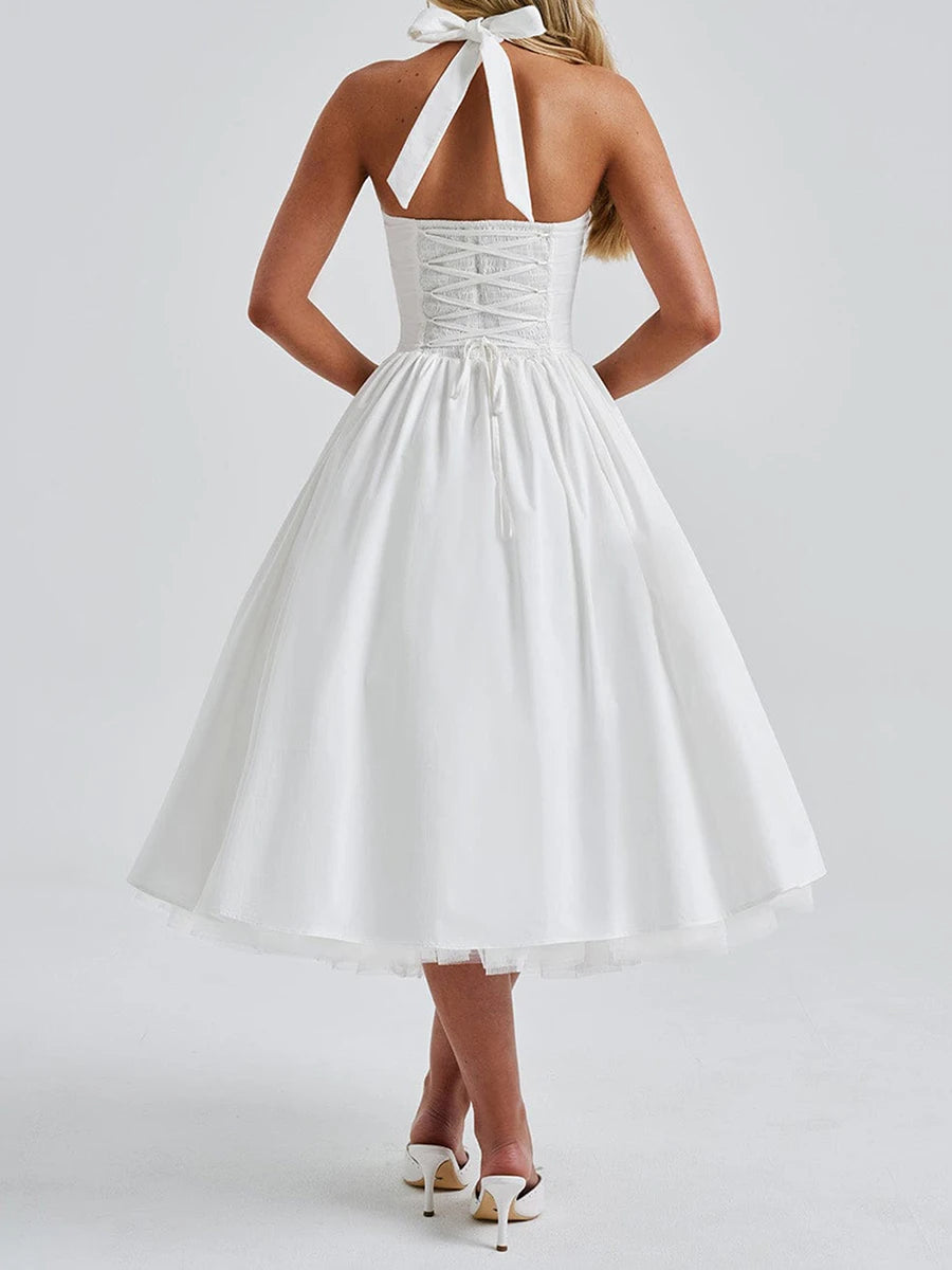 Sleeveless Midi Dress with Tie-up Halter Neck and Open Back
