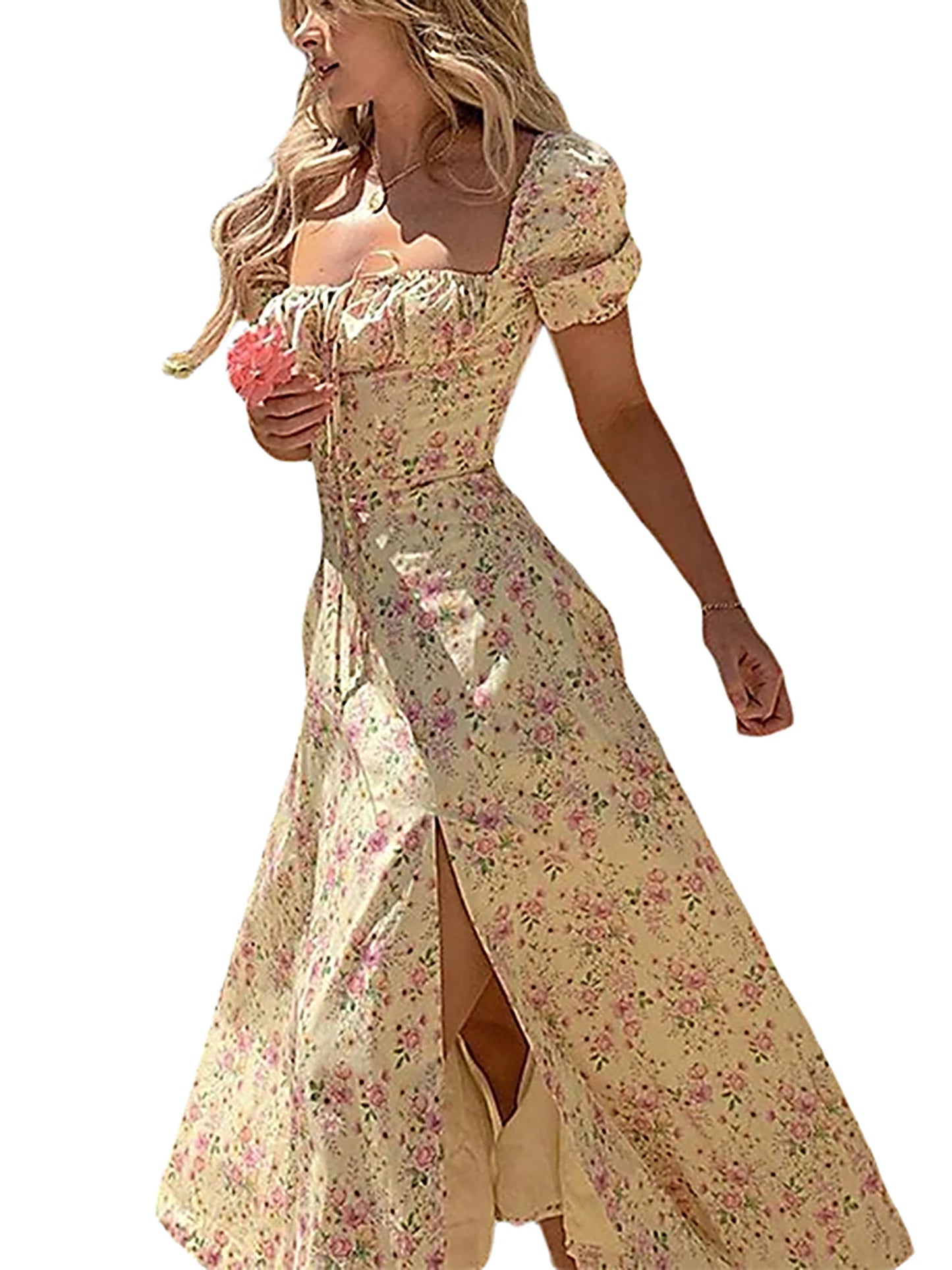 Maxi Dress with Puff Sleeves Lace-Up Detail Floral Print and High Side Split for a Stylish Look