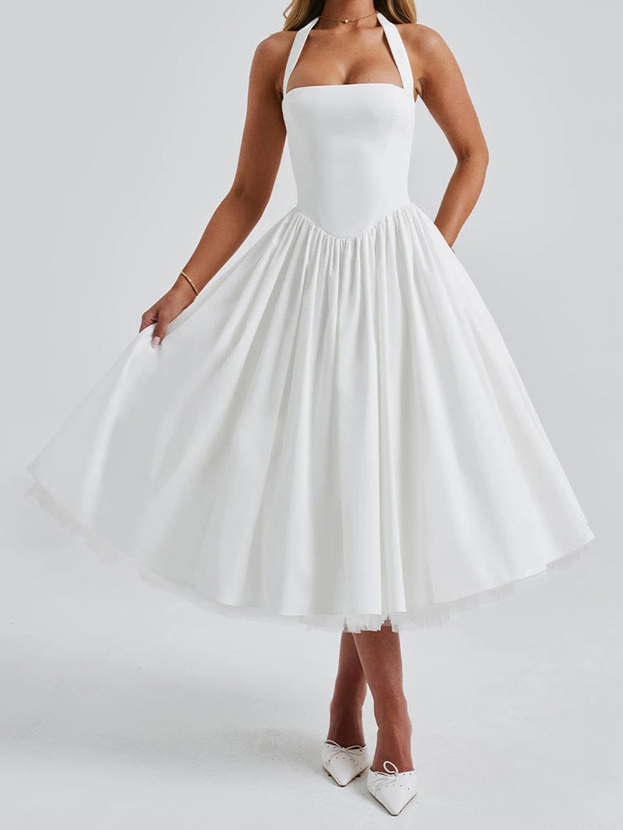 Sleeveless Midi Dress with Tie-up Halter Neck and Open Back