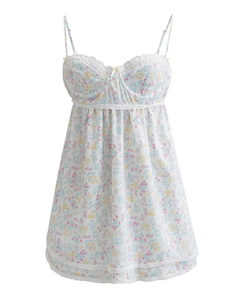 Mini Dress Floral Print Lace Sleeveless Backless Sling Dress