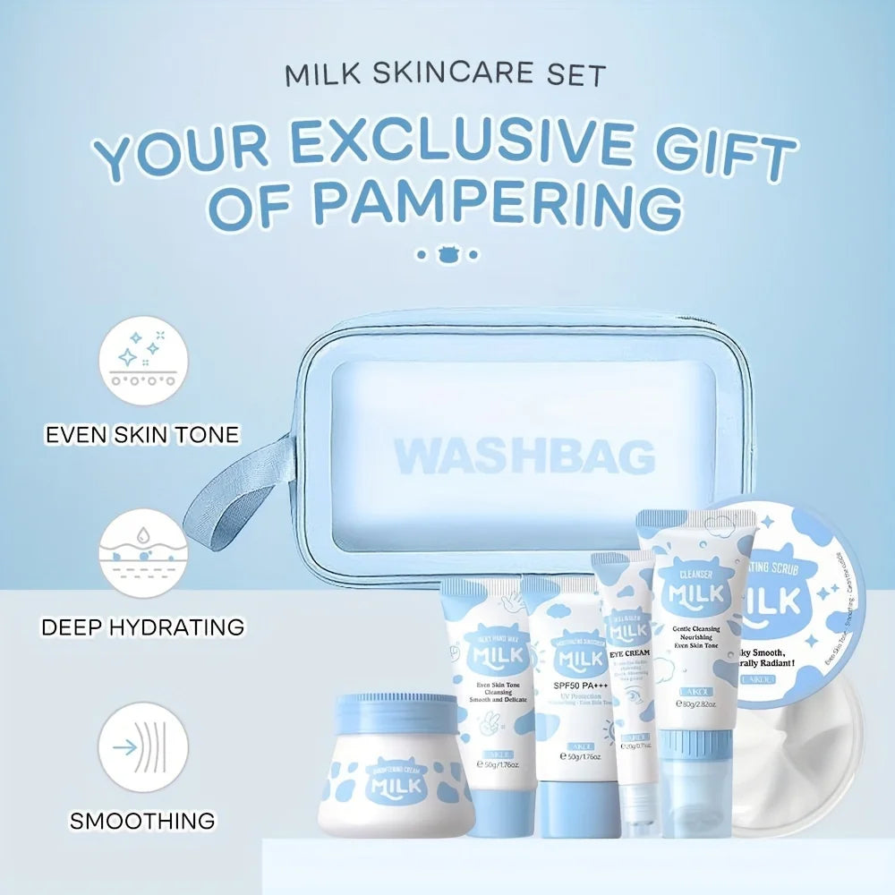 Skin Care Set Facial Cleanser & Body Scrub & Hand Wax & Eye Cream & Sunscreen & Storage Bag