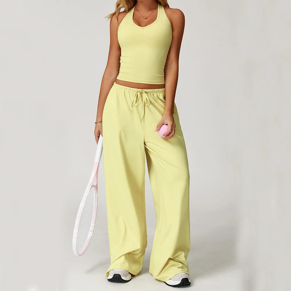 Yoga Clothes Set 2 Piece Gym Set Straight Draw String Pants Padded Sports Tank Top