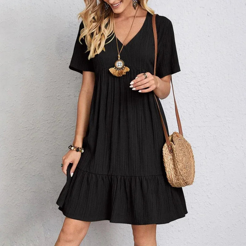 Loose V-neck Short Sleeved Pleated Women Dress