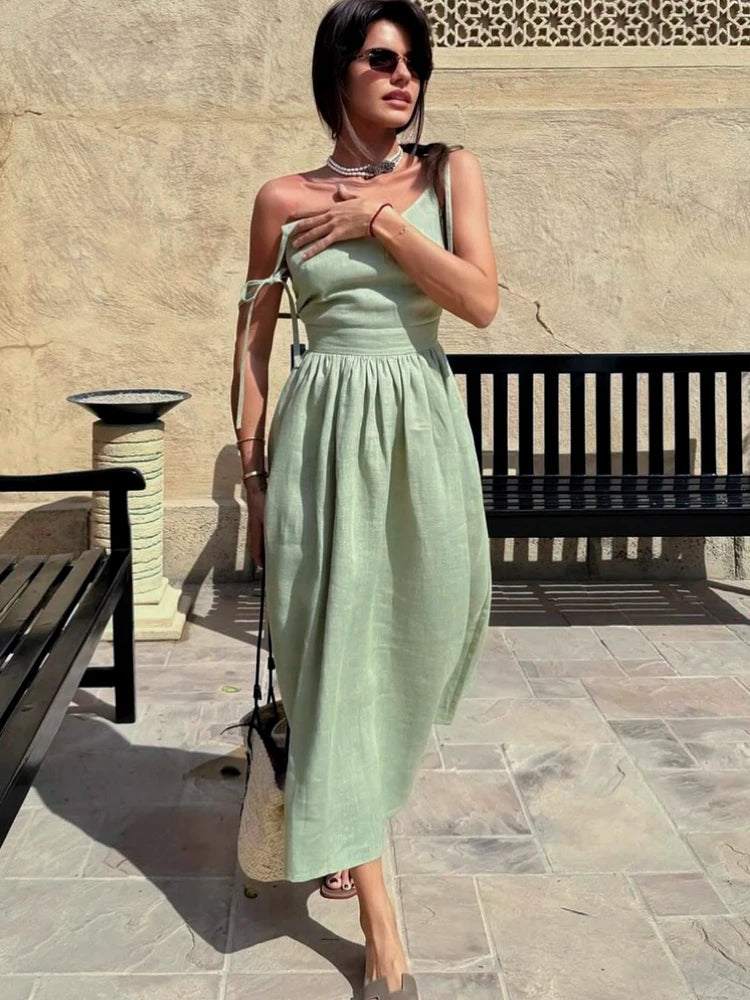 Casual Solid Color Long Dresses Sexy Backless Party Pleated Dress