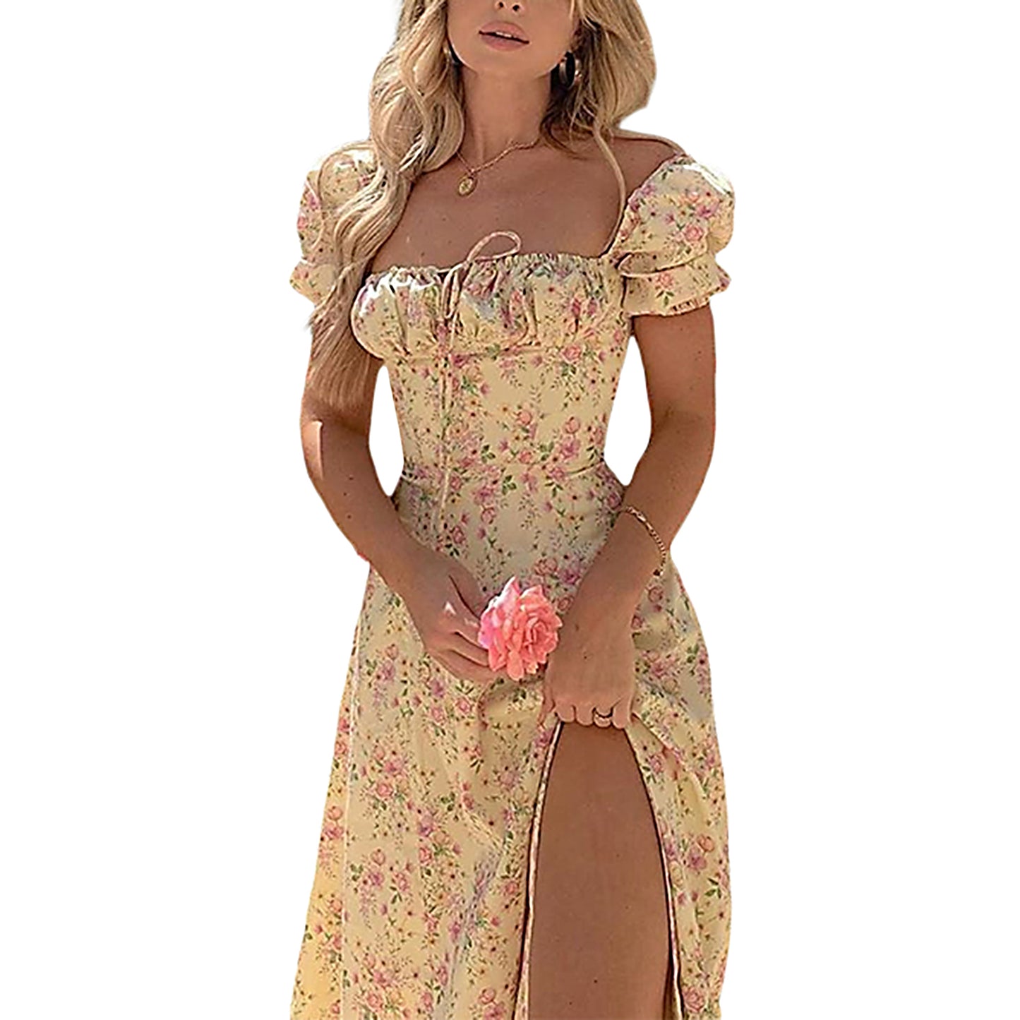 Maxi Dress with Puff Sleeves Lace-Up Detail Floral Print and High Side Split for a Stylish Look