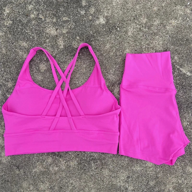 Yoga Set 2 Piece Cross Back Bra Top High Waist Shorts