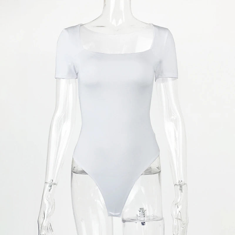 Short Sleeve Bodysuits Square-Cut Collar Solid Bodycon