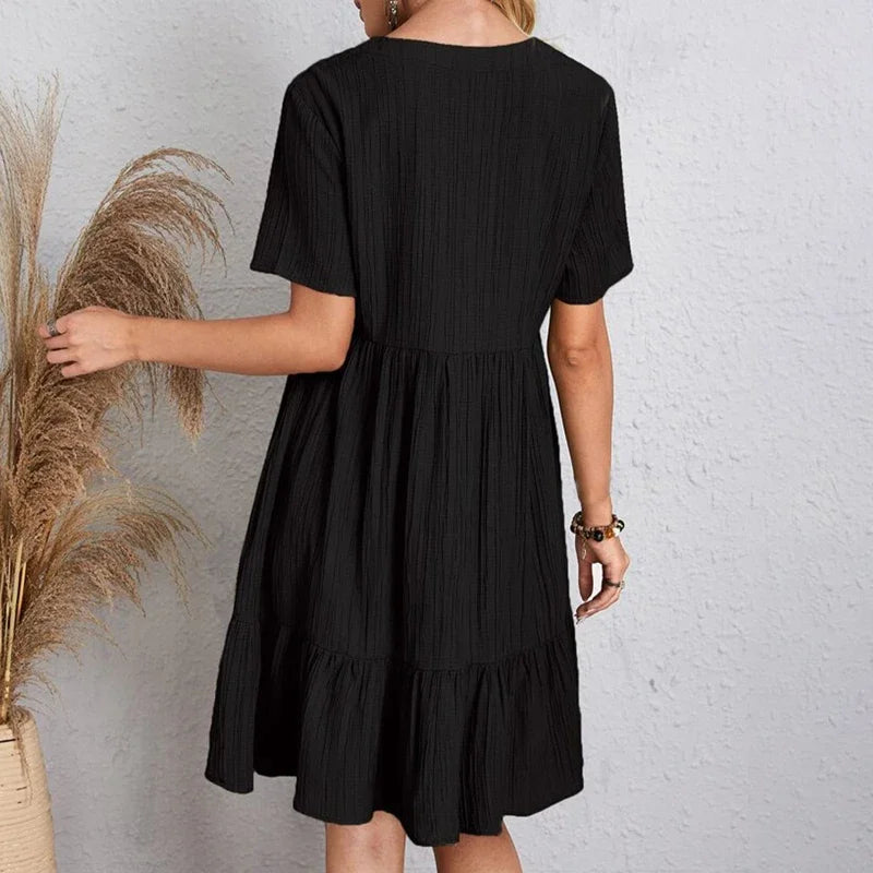 Loose V-neck Short Sleeved Pleated Women Dress