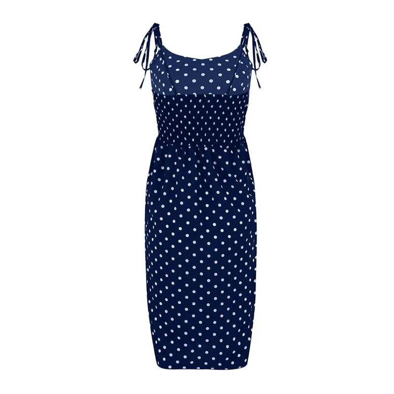Polka Dot Sleeveless High Pleated elastic waist V-Neck Dress