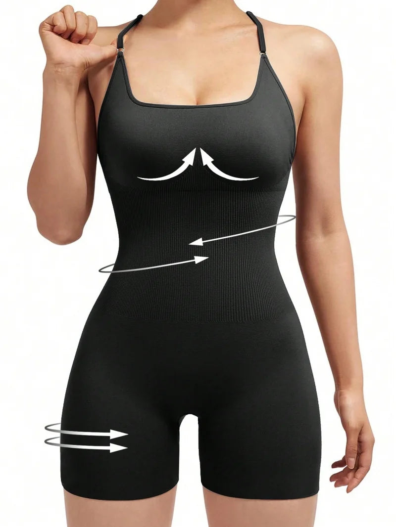 Sexy Fitness Jumpsuit Scrunch Shorts Backless Set Romper