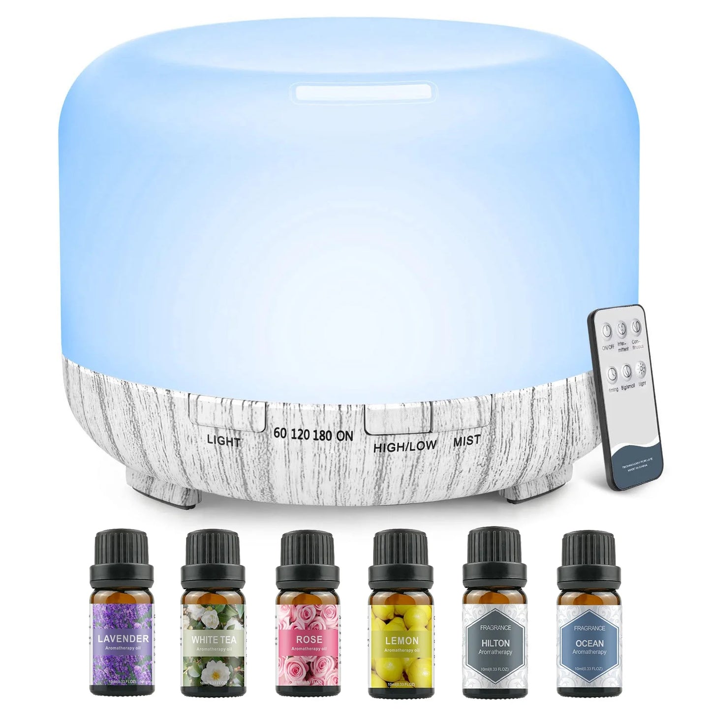 500ML Aromatherapy Oil Diffuser, with 6 Bottle 10ML Essential Oil Set (Lavender/Rose/Jasmine/Lemon/Hilton/Ocean)