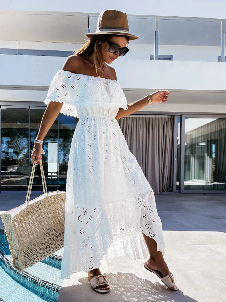 Long Dress Sexy Strapless Off The Shoulder Lace Tassel High Waist Big Hem Hollow Out