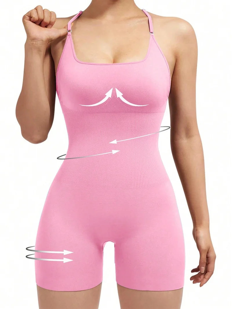 Sexy Fitness Jumpsuit Scrunch Shorts Backless Set Romper