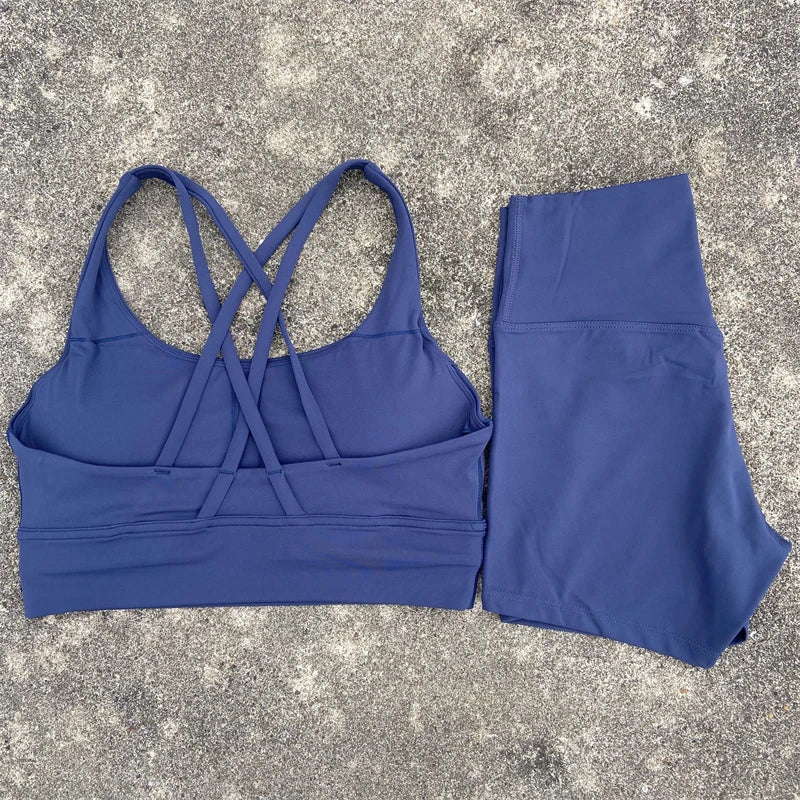 Yoga Set 2 Piece Cross Back Bra Top High Waist Shorts
