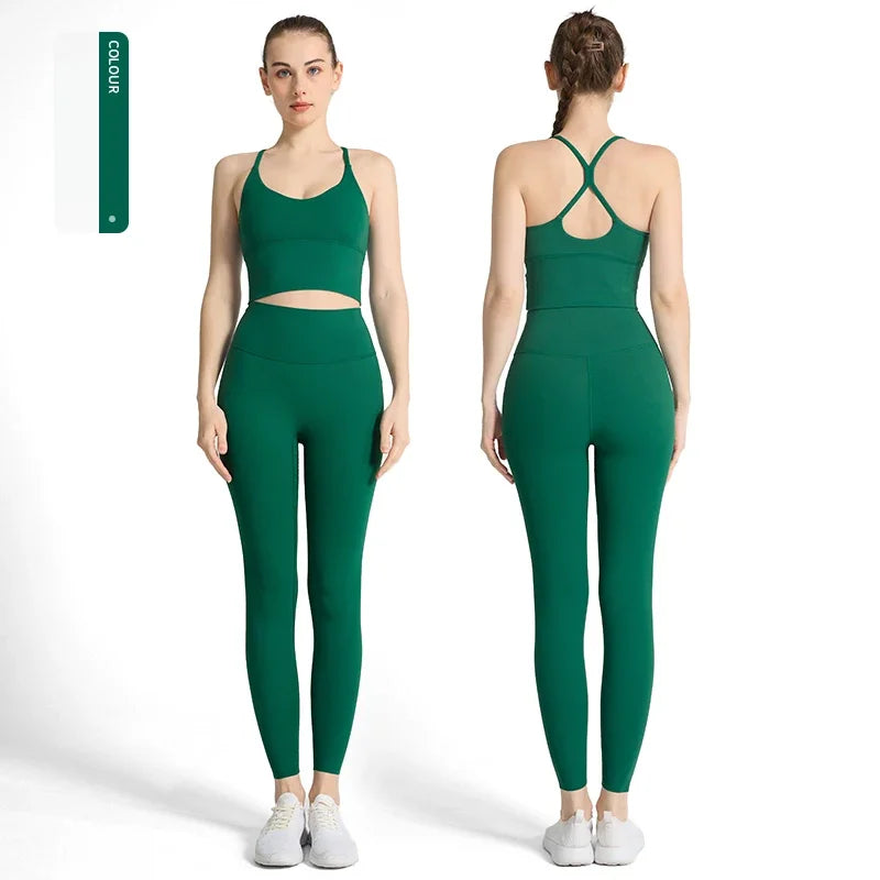 2PCS Yoga Set Crop Top High Waist Legging Fitness Bra Set Breathable