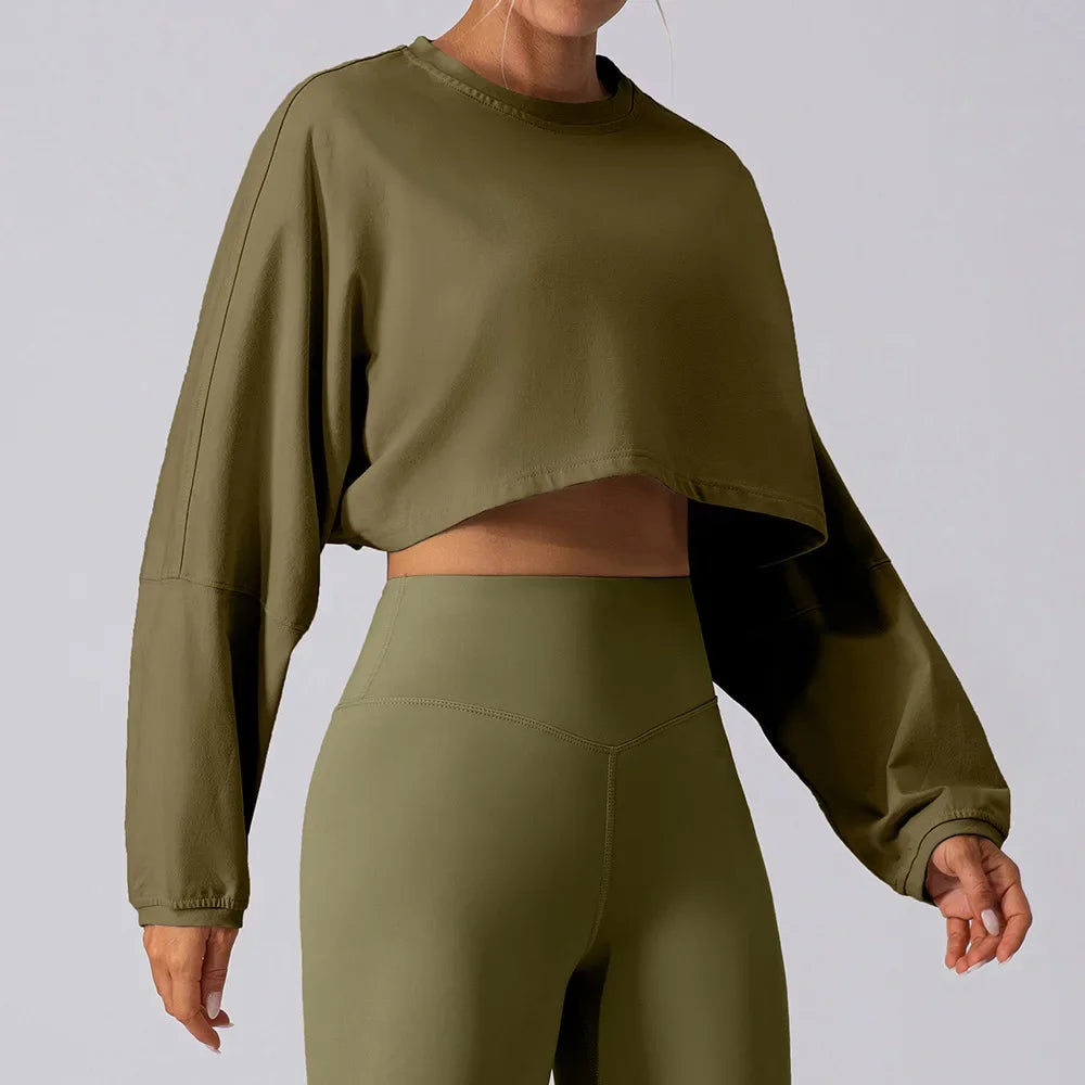 Women Sports Crop Top Long Sleeve T-Shirts Yoga Loose Tops