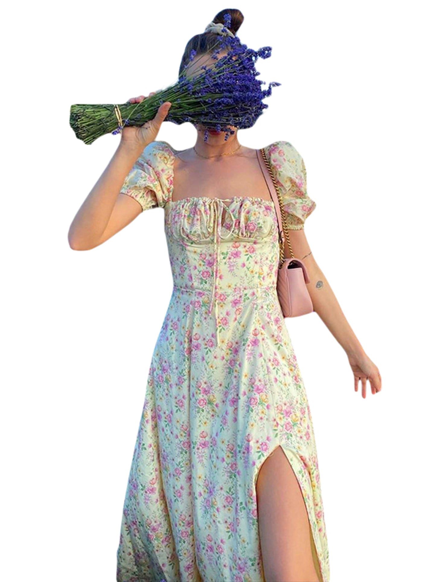 Maxi Dress with Puff Sleeves Lace-Up Detail Floral Print and High Side Split for a Stylish Look