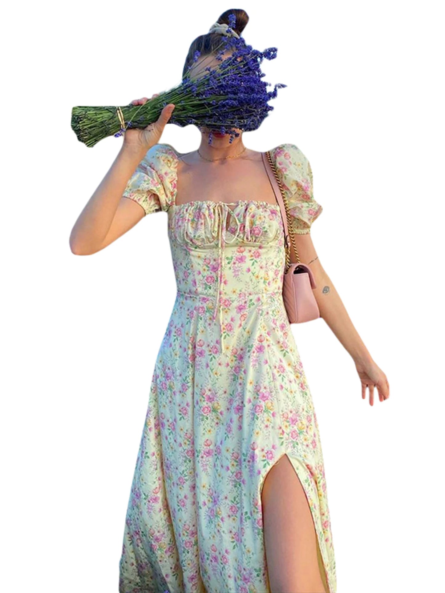 Maxi Dress with Puff Sleeves Lace-Up Detail Floral Print and High Side Split for a Stylish Look