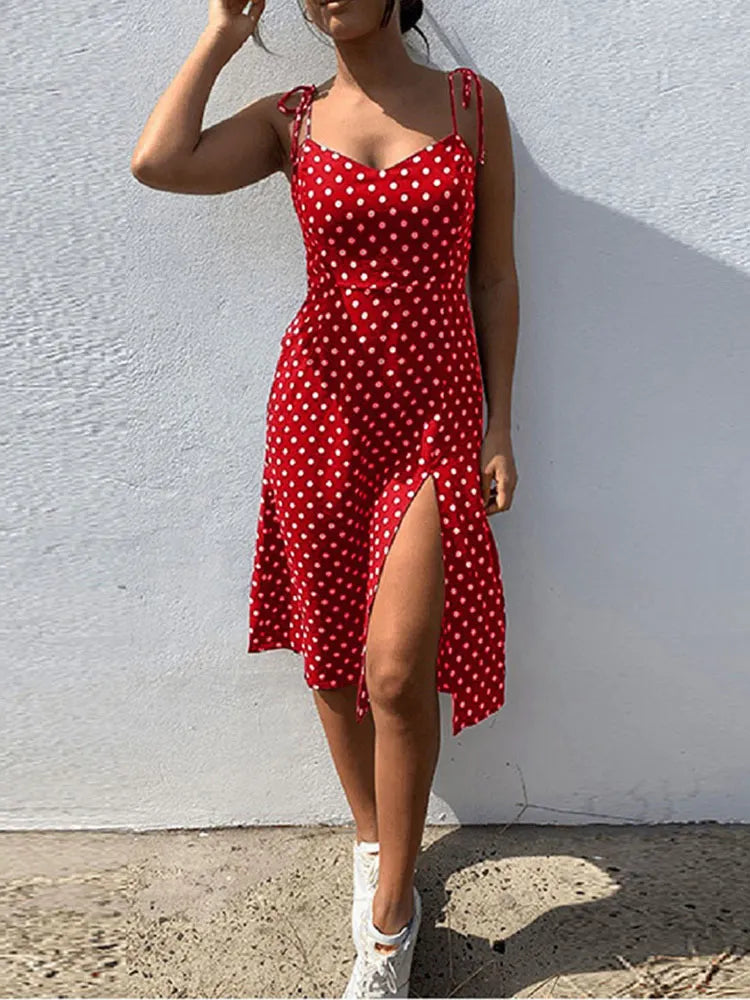 Polka Dot Sleeveless High Pleated elastic waist V-Neck Dress