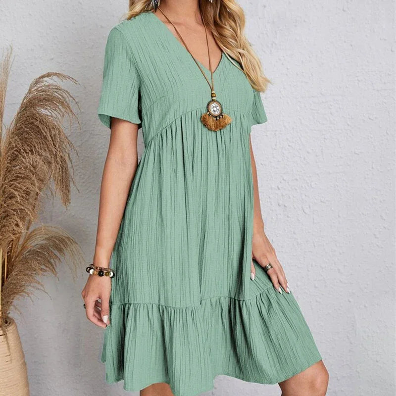 Loose V-neck Short Sleeved Pleated Women Dress