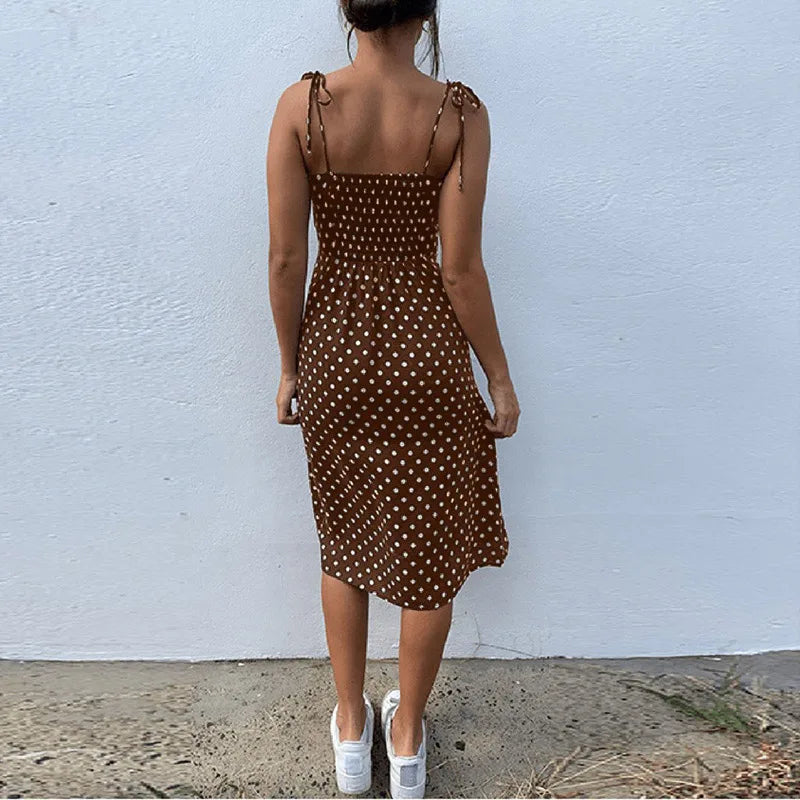 Polka Dot Sleeveless High Pleated elastic waist V-Neck Dress