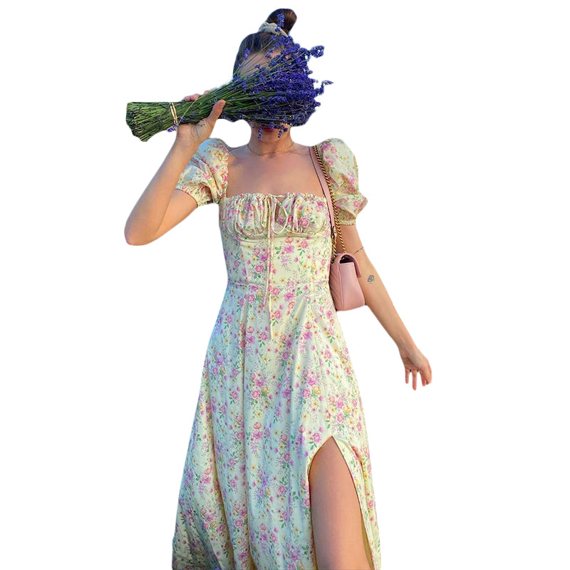 Maxi Dress with Puff Sleeves Lace-Up Detail Floral Print and High Side Split for a Stylish Look