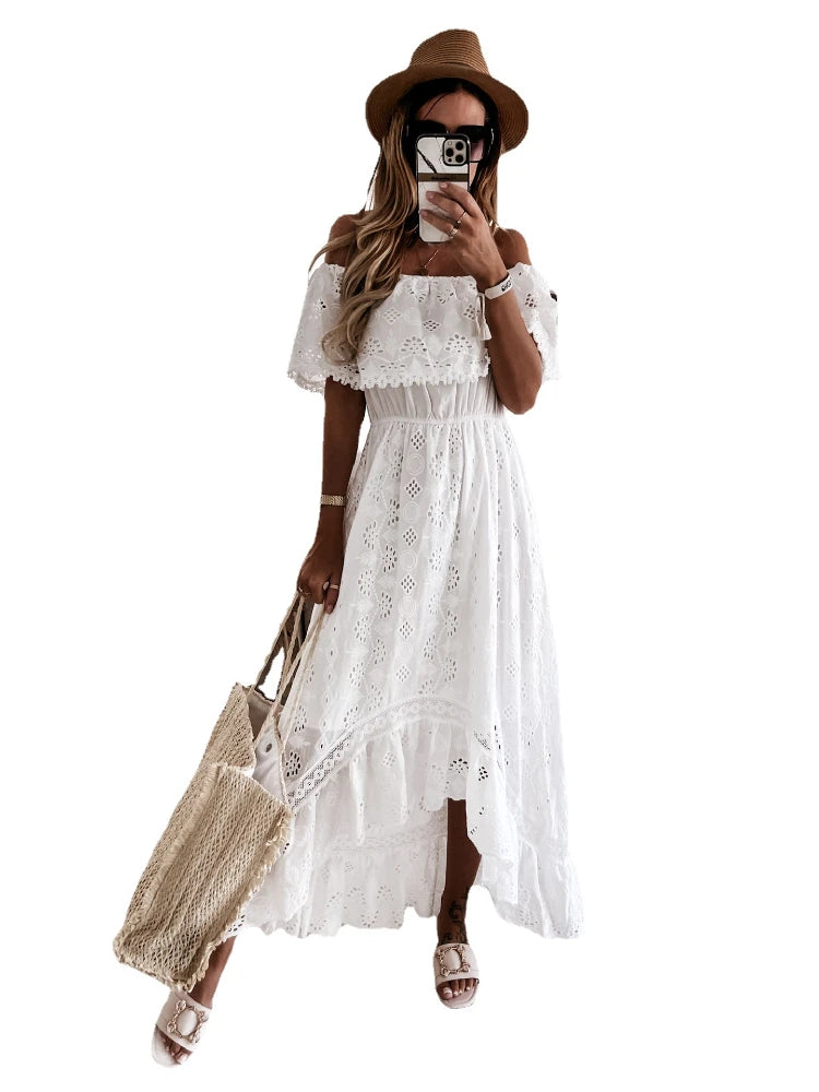 Long Dress Sexy Strapless Off The Shoulder Lace Tassel High Waist Big Hem Hollow Out