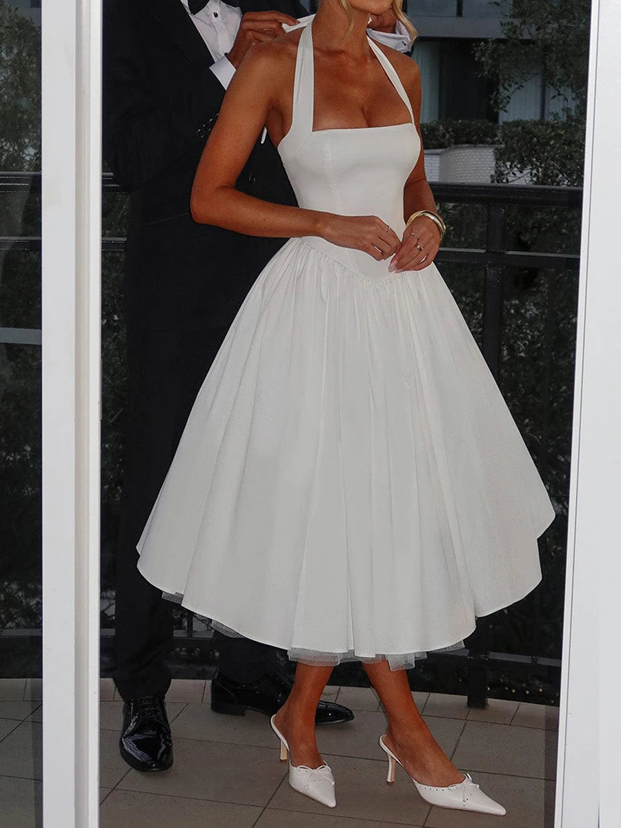 Sleeveless Midi Dress with Tie-up Halter Neck and Open Back