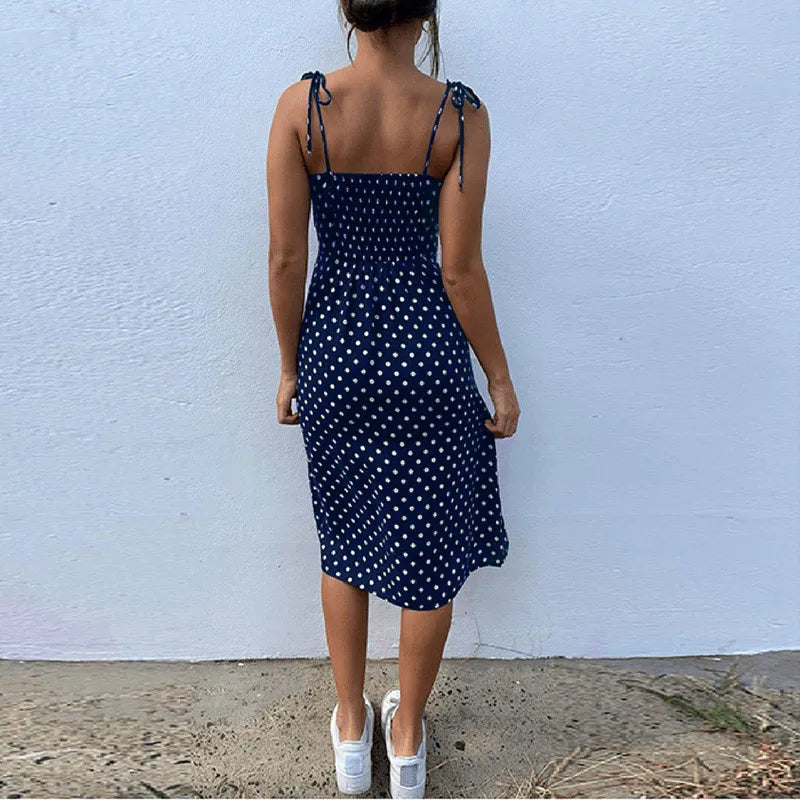 Polka Dot Sleeveless High Pleated elastic waist V-Neck Dress