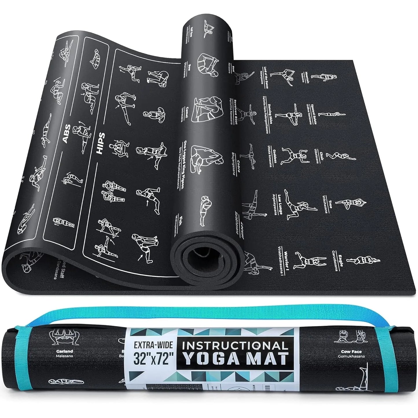 Instructional Yoga Mat with Poses Printed On It & Carrying Strap - 75 Illustrated Poses & 75 Stretches