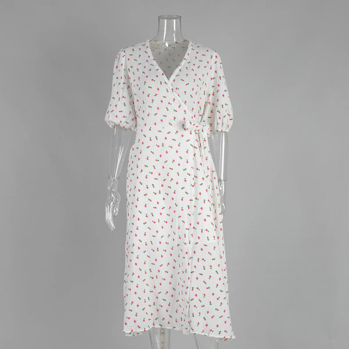 Casual Floral Printed Cotton Dress V-neck Short Sleeve Tunics Lace-up