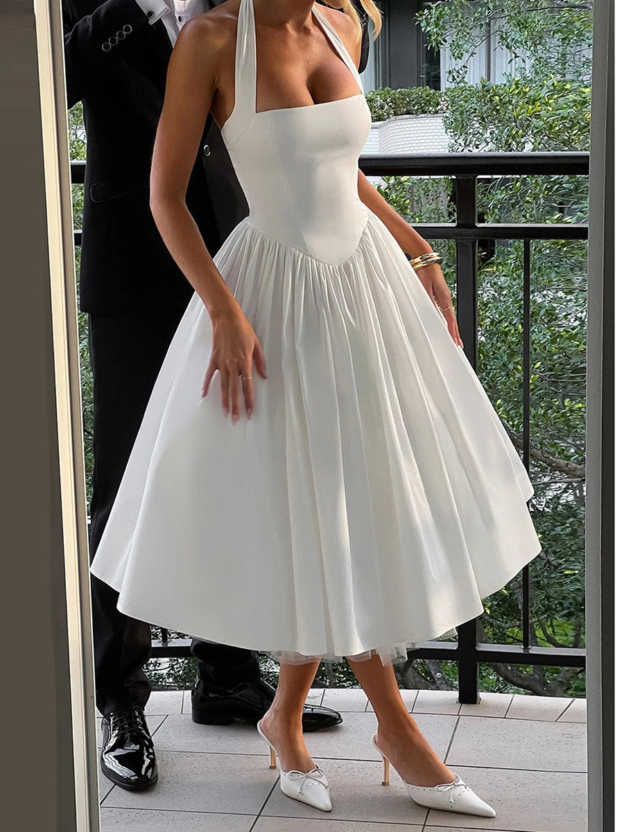 Sleeveless Midi Dress with Tie-up Halter Neck and Open Back