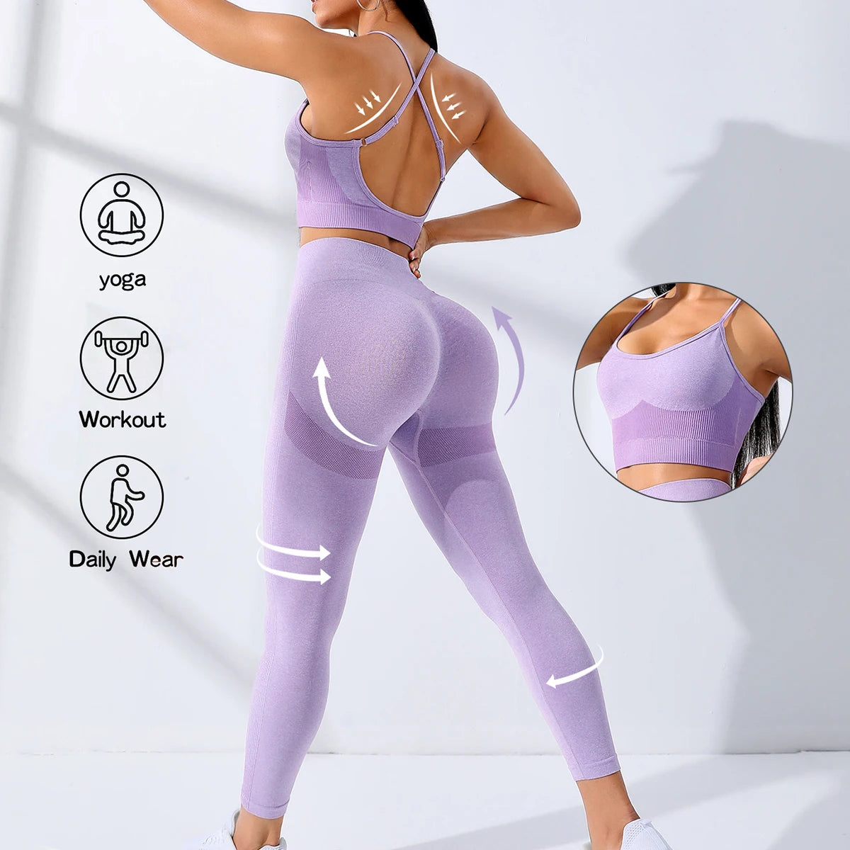 2/Pcs Seamless Workout Outfits Leggings And Thin Shoulder Strap Stretch Sports Bra