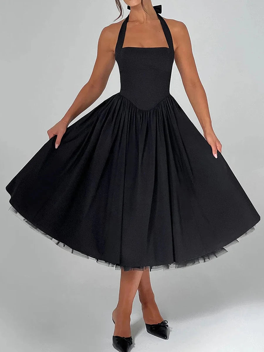 Sleeveless Midi Dress with Tie-up Halter Neck and Open Back