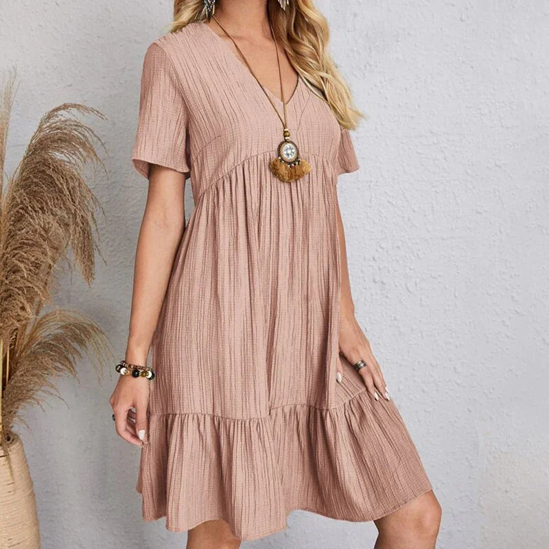 Loose V-neck Short Sleeved Pleated Women Dress