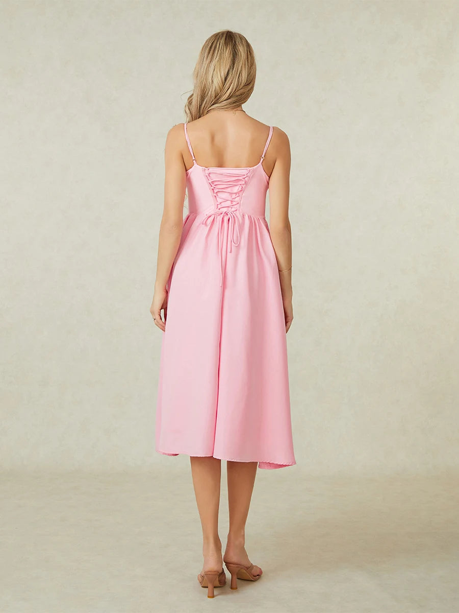 Midi Cami Dress Solid Color Sleeveless Backless Flowy Party Dresses