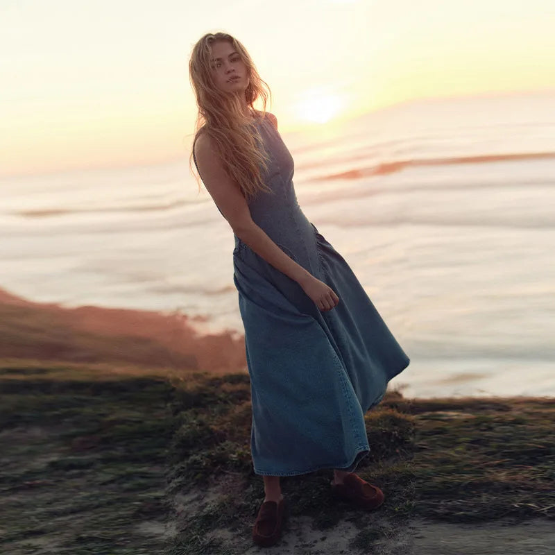 Casual Round Neck Lace Up Backless Denim Dress Sleeveless High Waist Loose Zipper
