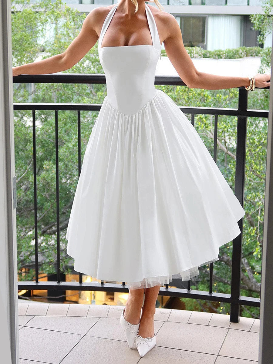 Sleeveless Midi Dress with Tie-up Halter Neck and Open Back