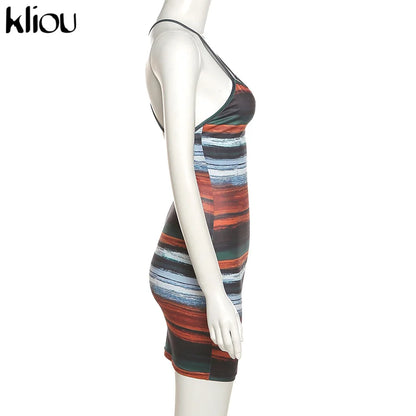 Striped Mini Dresses Aesthetic  Sexy Skinny Slash Neck Camisole Backless