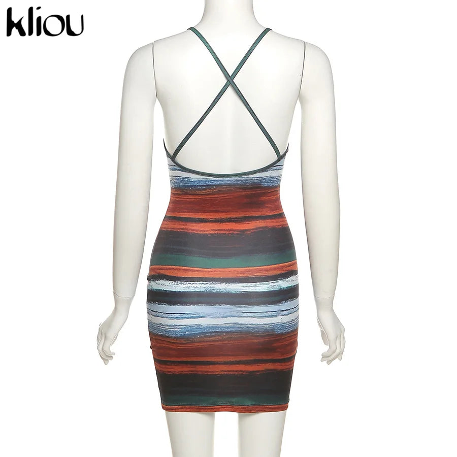 Striped Mini Dresses Aesthetic  Sexy Skinny Slash Neck Camisole Backless