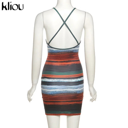 Striped Mini Dresses Aesthetic  Sexy Skinny Slash Neck Camisole Backless