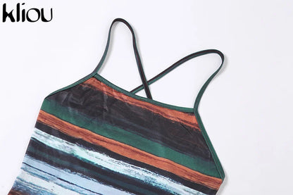 Striped Mini Dresses Aesthetic  Sexy Skinny Slash Neck Camisole Backless