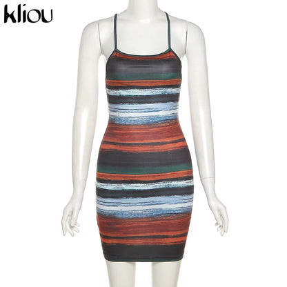 Striped Mini Dresses Aesthetic  Sexy Skinny Slash Neck Camisole Backless