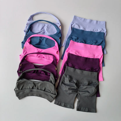 2 Pieces Yoga Suit Halter Sports Bra Matching Impact Shorts